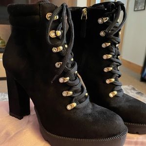 J Lo Black with gold trimming Suede tie up boot